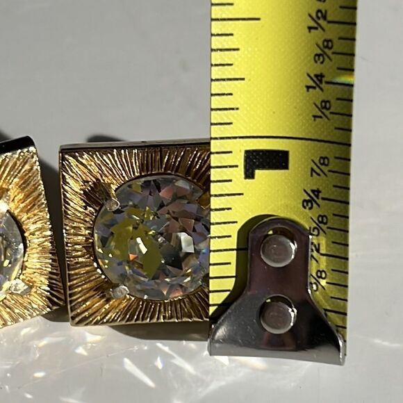 Vintage Gold Tone Square Clip on Earrings with Large Rhinestone - Picture 9 of 10